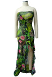 Pink Green Sexy Print Patchwork High Opening Flounce Strapless Printed Dress Dresses