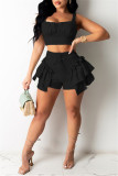 Black Sexy Casual Solid Patchwork Spaghetti Strap Sleeveless Two Pieces