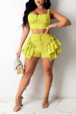 Fluorescent Green Sexy Casual Solid Patchwork Spaghetti Strap Sleeveless Two Pieces