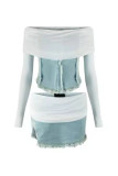 Light Blue Sexy Patchwork Mesh Off the Shoulder Long Sleeve Two Pieces