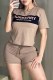 Khaki Casual Print Letter O Neck Short Sleeve Two Pieces