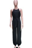 Black Sexy Solid Bandage Hollowed Out Patchwork High Opening Slit Halter Loose Jumpsuits