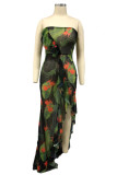Pink Green Sexy Print Patchwork High Opening Flounce Strapless Printed Dress Dresses