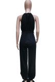 Black Sexy Solid Bandage Hollowed Out Patchwork High Opening Slit Halter Loose Jumpsuits