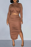 Brown Elegant Solid Patchwork Slit Fold O Neck Long Sleeve Two Pieces