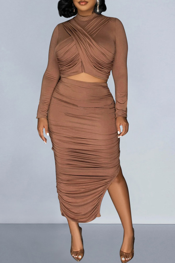 Brown Elegant Solid Patchwork Slit Fold O Neck Long Sleeve Two Pieces