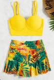 Red Sportswear Print Patchwork Pleated Swimwears(With Paddings)