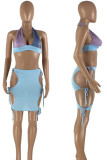 Light Blue Sweet Bandage Hollowed Out Patchwork Contrast Halter Sleeveless Two Pieces