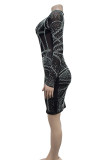 Black Elegant Solid Patchwork See-through Hot Drill Zipper V Neck Sheath Dresses