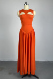 Tangerine Red Sweet Solid Hollowed Out Patchwork Fold O Neck A Line Dresses