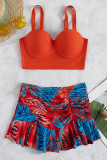 Red Sportswear Print Patchwork Pleated Swimwears(With Paddings)