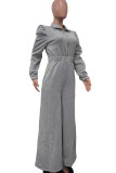 Grey Casual Solid Patchwork Pocket Zipper Zipper Collar Loose Jumpsuits