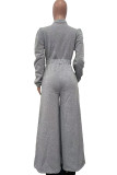 Grey Casual Solid Patchwork Pocket Zipper Zipper Collar Loose Jumpsuits