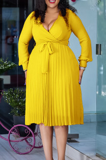 Yellow Elegant Solid Patchwork With Belt Pleated V Neck A Line Dresses