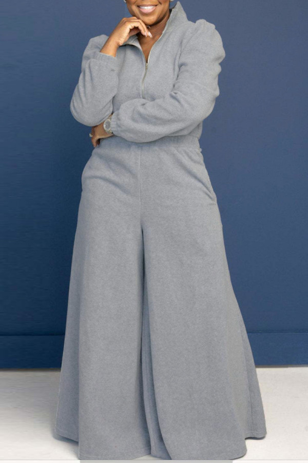 Grey Casual Solid Patchwork Pocket Zipper Zipper Collar Loose Jumpsuits