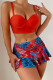 Red Sportswear Print Patchwork Pleated Swimwears(With Paddings)