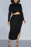 Brown Elegant Solid Patchwork Slit Fold O Neck Long Sleeve Two Pieces