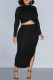 Black Elegant Solid Patchwork Slit Fold O Neck Long Sleeve Two Pieces