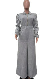 Grey Casual Solid Patchwork Pocket Zipper Zipper Collar Loose Jumpsuits