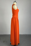 Tangerine Red Sweet Solid Hollowed Out Patchwork Fold O Neck A Line Dresses