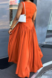 Tangerine Red Sweet Solid Hollowed Out Patchwork Fold O Neck A Line Dresses