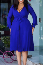 Royal Blue Elegant Solid Patchwork With Belt Pleated V Neck A Line Dresses