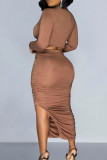 Brown Elegant Solid Patchwork Slit Fold O Neck Long Sleeve Two Pieces