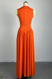 Tangerine Red Sweet Solid Hollowed Out Patchwork Fold O Neck A Line Dresses