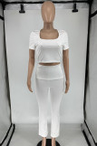 White Casual Solid Patchwork Square Collar Short Sleeve Two Pieces