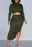 Brown Elegant Solid Patchwork Slit Fold O Neck Long Sleeve Two Pieces
