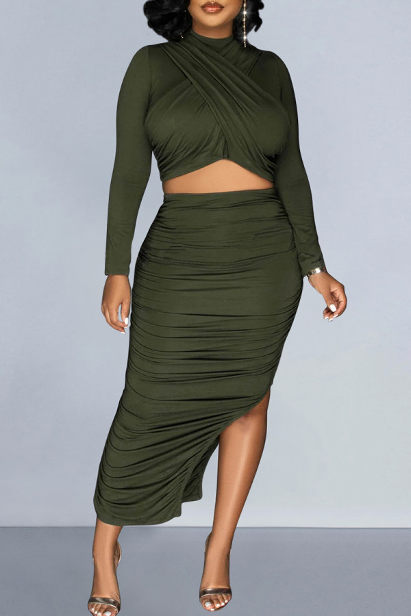 Army Green Elegant Solid Patchwork Slit Fold O Neck Long Sleeve Two Pieces