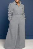 Grey Casual Solid Patchwork Pocket Zipper Zipper Collar Loose Jumpsuits