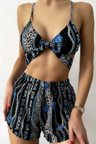 Blue Sportswear Print Bandage Patchwork 3 Piece Sets(With Paddings)