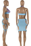Light Blue Sweet Bandage Hollowed Out Patchwork Contrast Halter Sleeveless Two Pieces