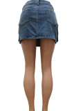 Blue Street Solid Patchwork Pocket Buttons Zipper Low Waist Regular Denim Skirts