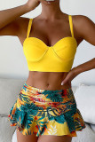Red Sportswear Print Patchwork Pleated Swimwears(With Paddings)