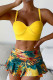 Yellow Sportswear Print Patchwork Pleated Swimwears(With Paddings)