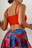Red Sportswear Print Patchwork Pleated Swimwears(With Paddings)