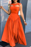 Tangerine Red Sweet Solid Hollowed Out Patchwork Fold O Neck A Line Dresses