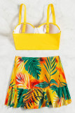 Red Sportswear Print Patchwork Pleated Swimwears(With Paddings)
