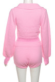 Pink Sexy Solid Patchwork Buckle Turndown Collar Long Sleeve Two Pieces