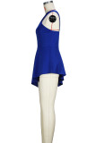 Blue Elegant Solid Hollowed Out Patchwork Asymmetrical Collar Tops