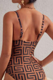 Deep Coffee Sportswear Print Patchwork Swimwears(With Paddings)