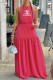 Rose Red Fashion Casual Print Backless Letter Halter A Line Dresses