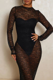 Black Street Solid Lace Patchwork See-through O Neck Long Dresses