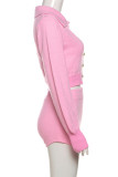 Pink Sexy Solid Patchwork Buckle Turndown Collar Long Sleeve Two Pieces