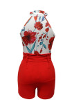 Red Street Print Bandage Patchwork Buckle Fold O Neck Sleeveless Two Pieces