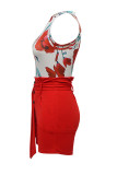 Red Street Print Bandage Patchwork Buckle Fold O Neck Sleeveless Two Pieces