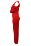 Red Sexy Solid Patchwork Flounce O Neck Regular Jumpsuits