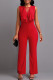 Red Sexy Solid Patchwork Flounce O Neck Regular Jumpsuits